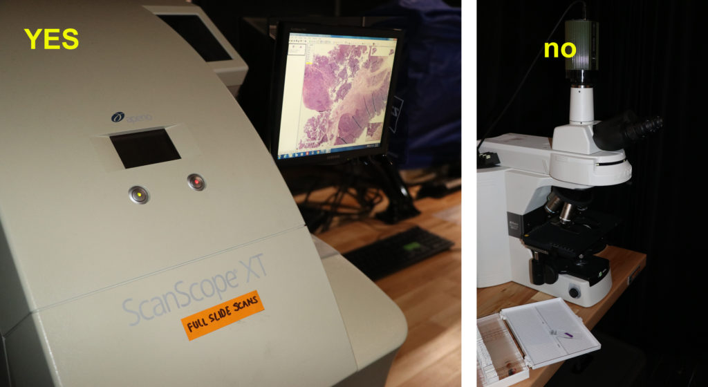 Please upload the full slide scans from a scanning machine (pictured left), not from a microscope (pictured right)